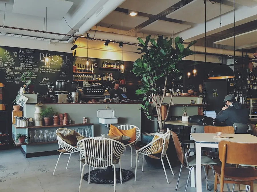 A calm cafe with woven chairs, small tables, and leafy plants